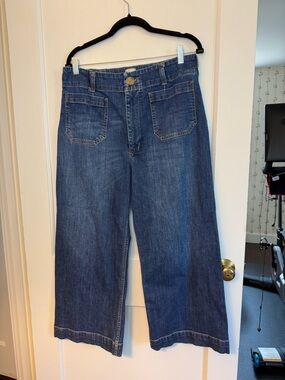Maeve High Rise Wide-Leg Jeans Blue Denim Button Zip Patch Pockets Women Size 32
